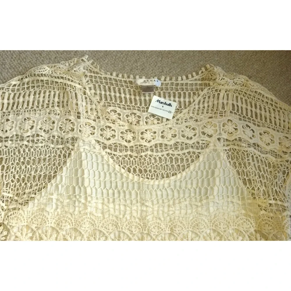 NWT Womens Top-KENAR-ivory open crochet overlay sheer Romantic Fairy Angelcore-L